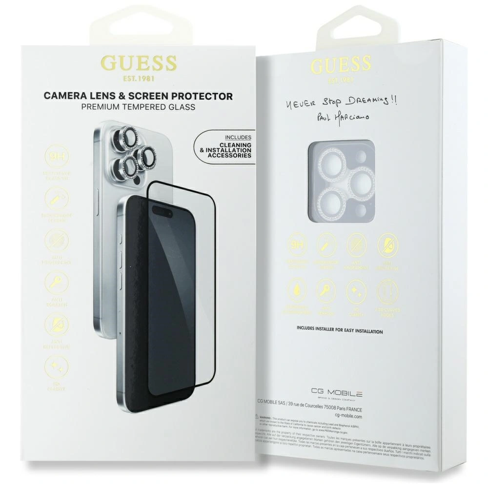 Guess BP Rhinestone 2in1 set tempered glass + lens protector Apple iPhone 16 Pro Max silver
