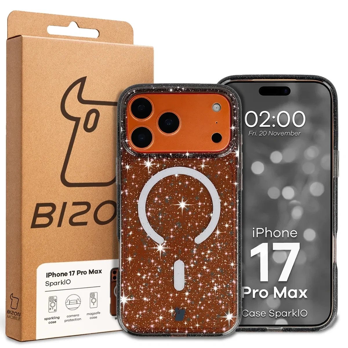 Etui brokatowe z pierścieniem magnetycznym Bizon Case SparklO do Apple iPhone 17 Pro Max, przezroczysto-czarne z brokatem