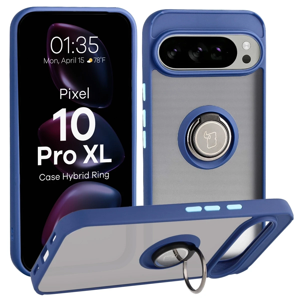 Etui z uchwytem na palec Bizon Case Hybrid Ring do Google Pixel 10 Pro XL przydymione z granatową ramką
