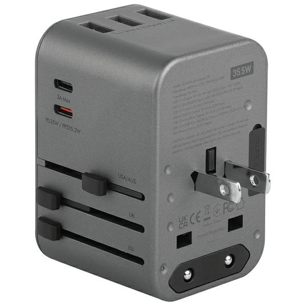 ENERGEA Travel World Adapter 4w1 US/UA/EU/UK 3xUSB-A, 2xUSB-C, PD35W, PPS35W, QC3.0 gunmetal