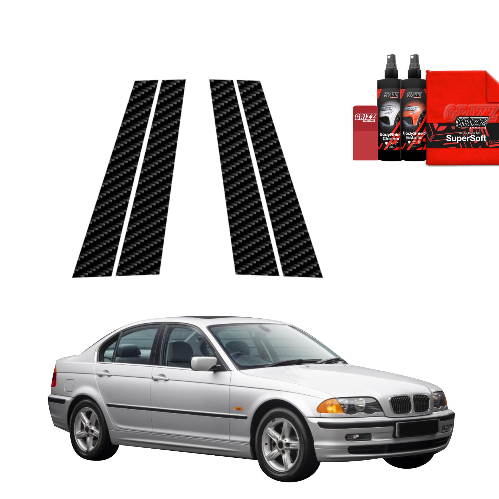 Folia karbonowa na słupki GrizzGlass BodyShield do BMW 3 E46 Sedan Pre-LCI (1998-2001) [4w1]