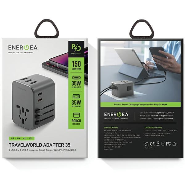 ENERGEA Travel World Adapter 4w1 US/UA/EU/UK 3xUSB-A, 2xUSB-C, PD35W, PPS35W, QC3.0 gunmetal