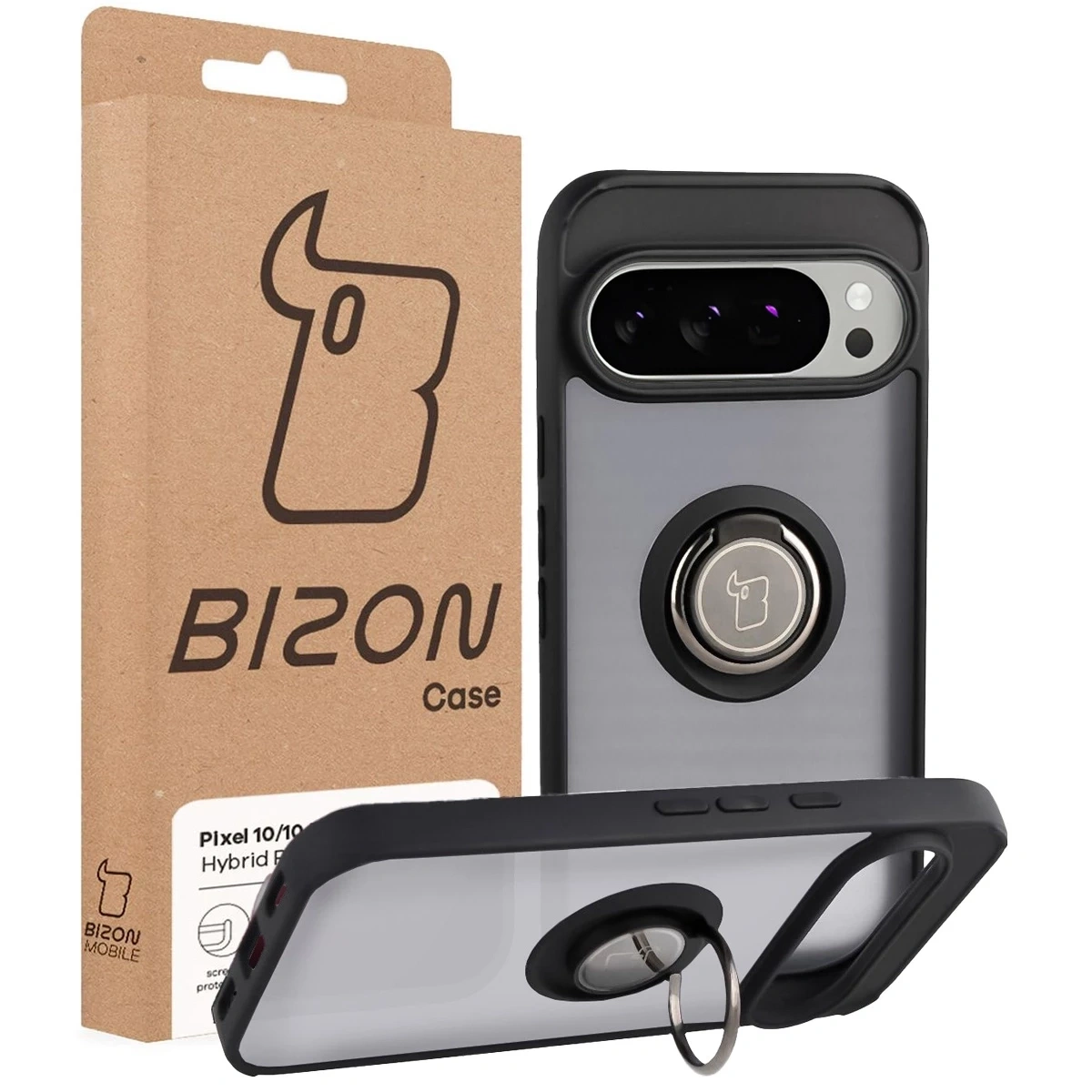 Etui z uchwytem na palec Bizon Case Hybrid Ring do Google Pixel 10 / 10 Pro przydymione z czarną ramką