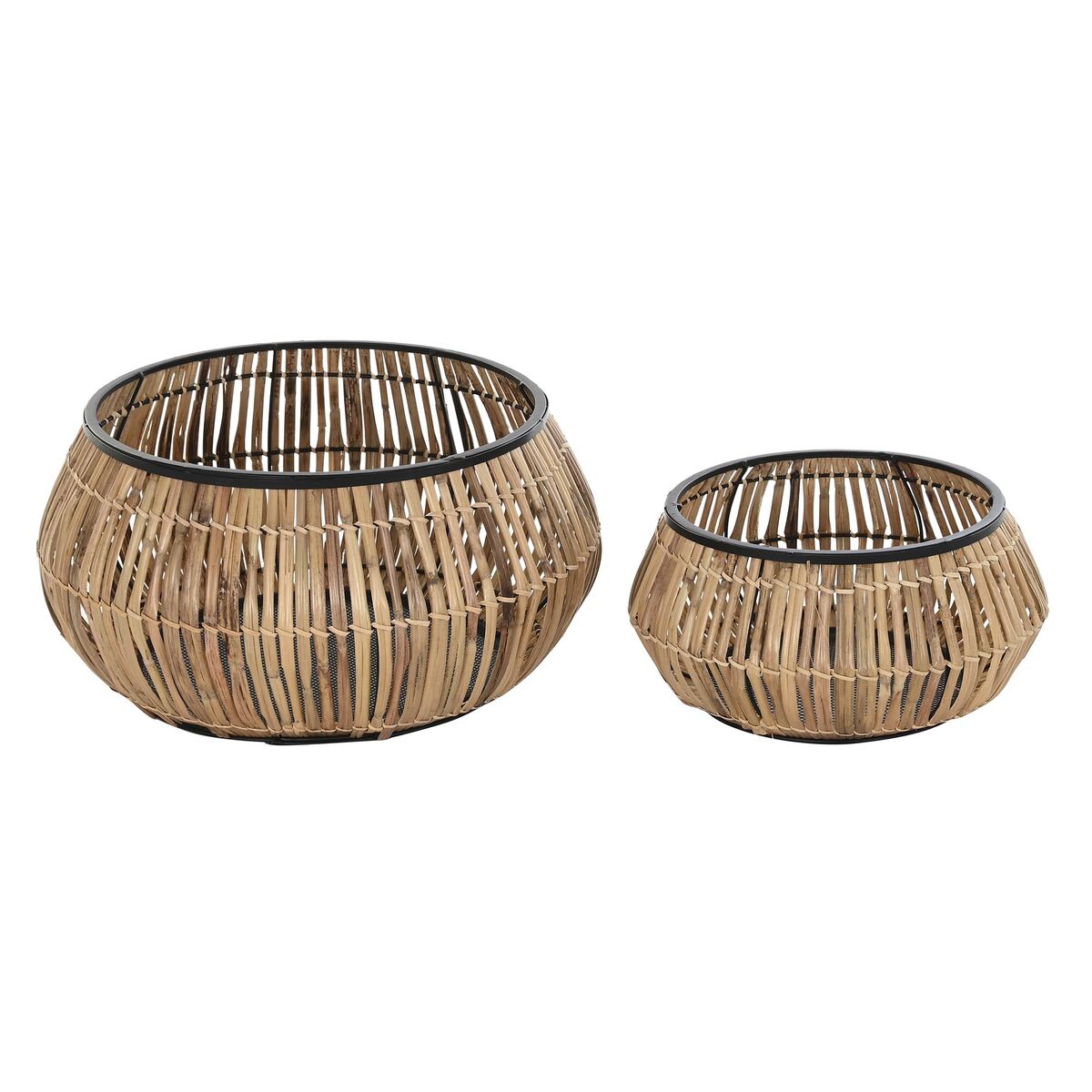 Set of pots DKD Home Decor Natural Black Metal Rattan (50 x 50 x 25,4 cm)