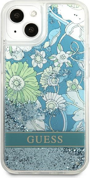 Guess GUHCP13MLFLSN Apple iPhone 13 green hardcase Flower Liquid Glitter
