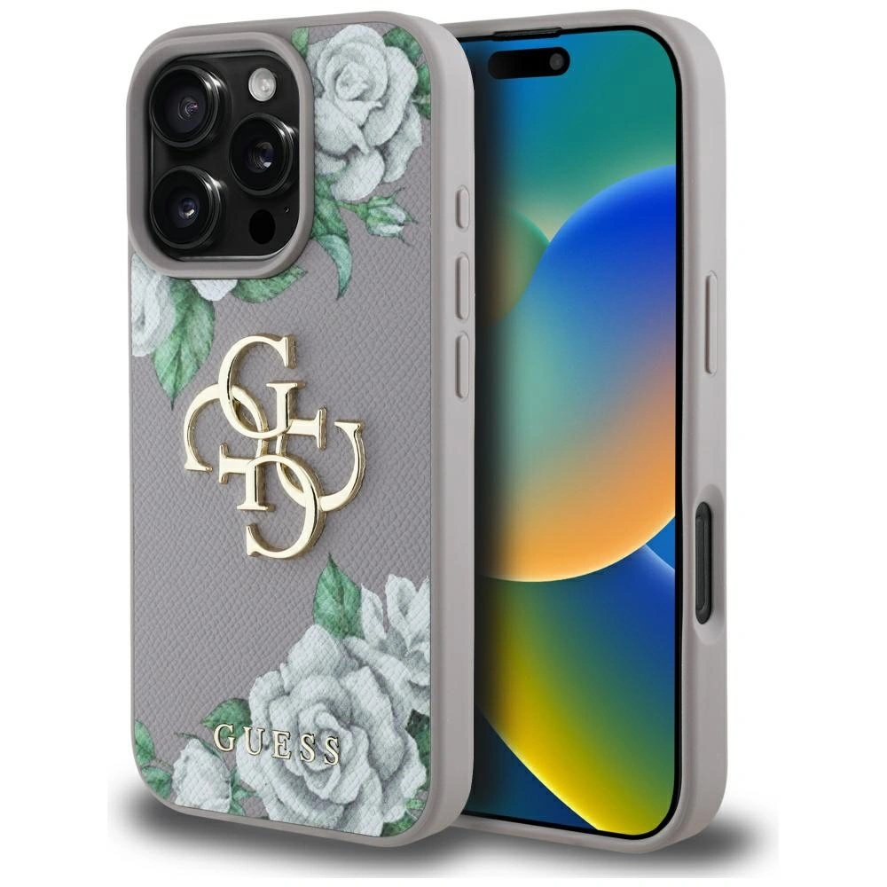 Etui Guess Grained Roses Big 4G logo do Apple iPhone 16 Pro fioletowy