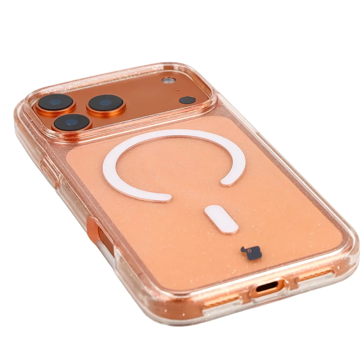 Etui brokatowe z pierścieniem magnetycznym Bizon Case SparklO do Apple iPhone 17 Pro Max, przezroczysto-jasnopomarańczowe z brokatem