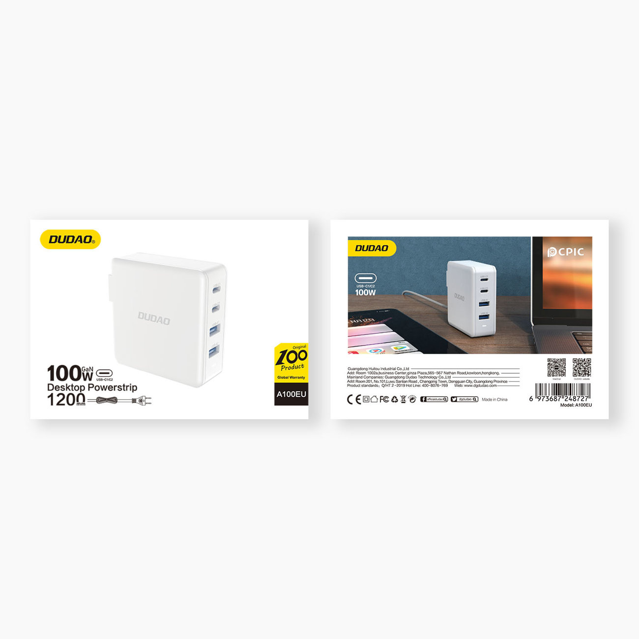 Dudao A100EU GaN 100W 2xUSB-C / 2xUSB-A wall charger white