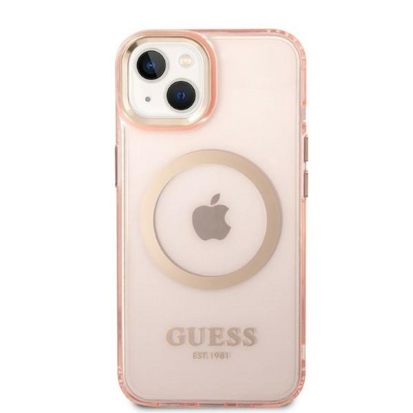 Guess GUHMP14MHTCMP Apple iPhone 14 Plus pink hard case Gold Outline Translucent MagSafe