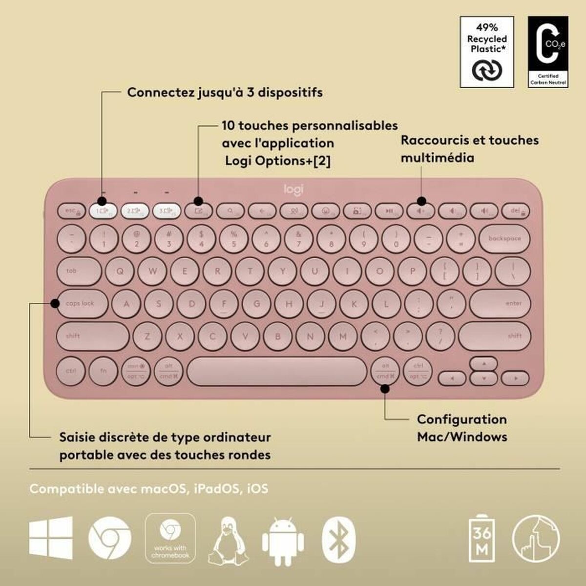 Bluetooth Keyboard with Support for Tablet Logitech K380 French Pink AZERTY