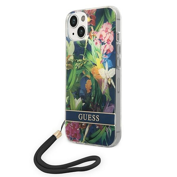 Guess GUOHCP14SHFLSB Apple iPhone 14 blue hardcase Flower Strap