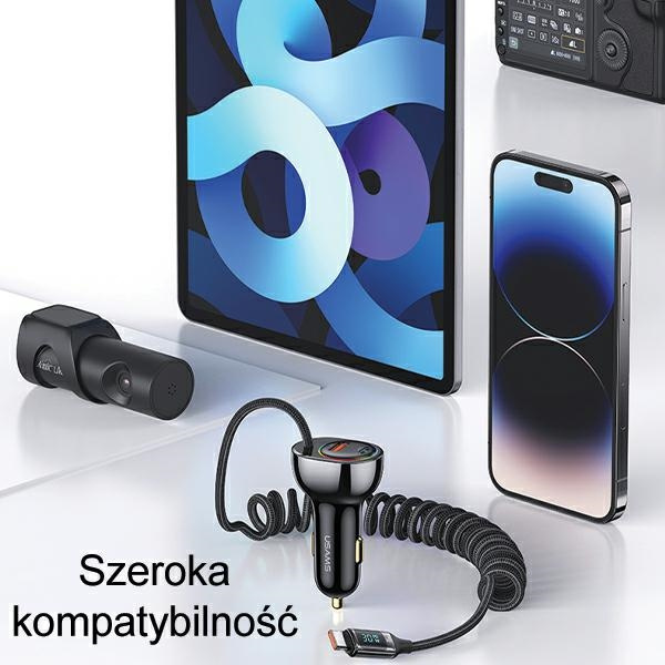 USAMS US-CC192 car charger 1xUSB-A 18W+1xUSB-C 30W + cable USB-C 30W PD+QC Fast Charge black