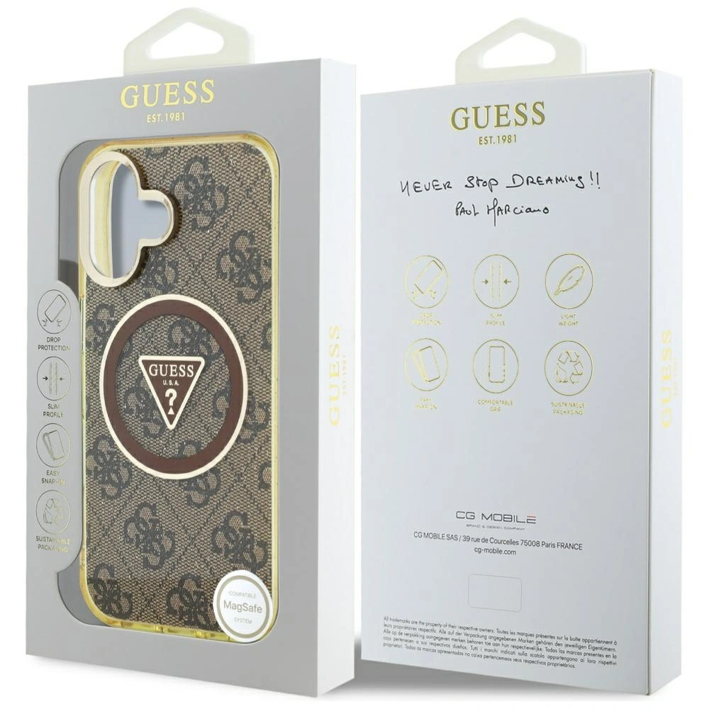 Etui Guess IML Metal Glitter 4G Circle Triangle MagSafe do Apple iPhone 16 brązowy