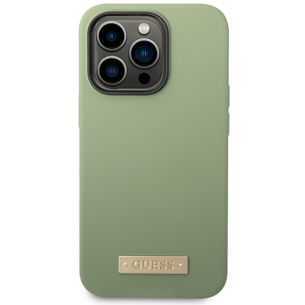 Guess GUHMP14XSBPLA Apple iPhone 14 Pro Max khaki hard case Silicone Logo Plate MagSafe