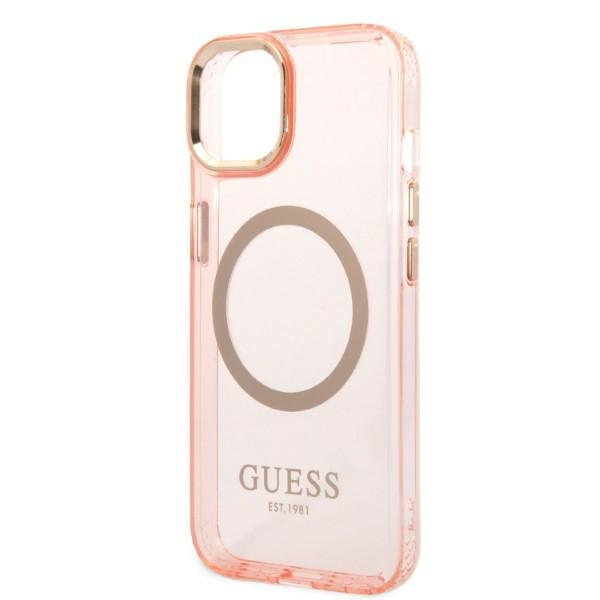 Guess GUHMP14MHTCMP Apple iPhone 14 Plus pink hard case Gold Outline Translucent MagSafe