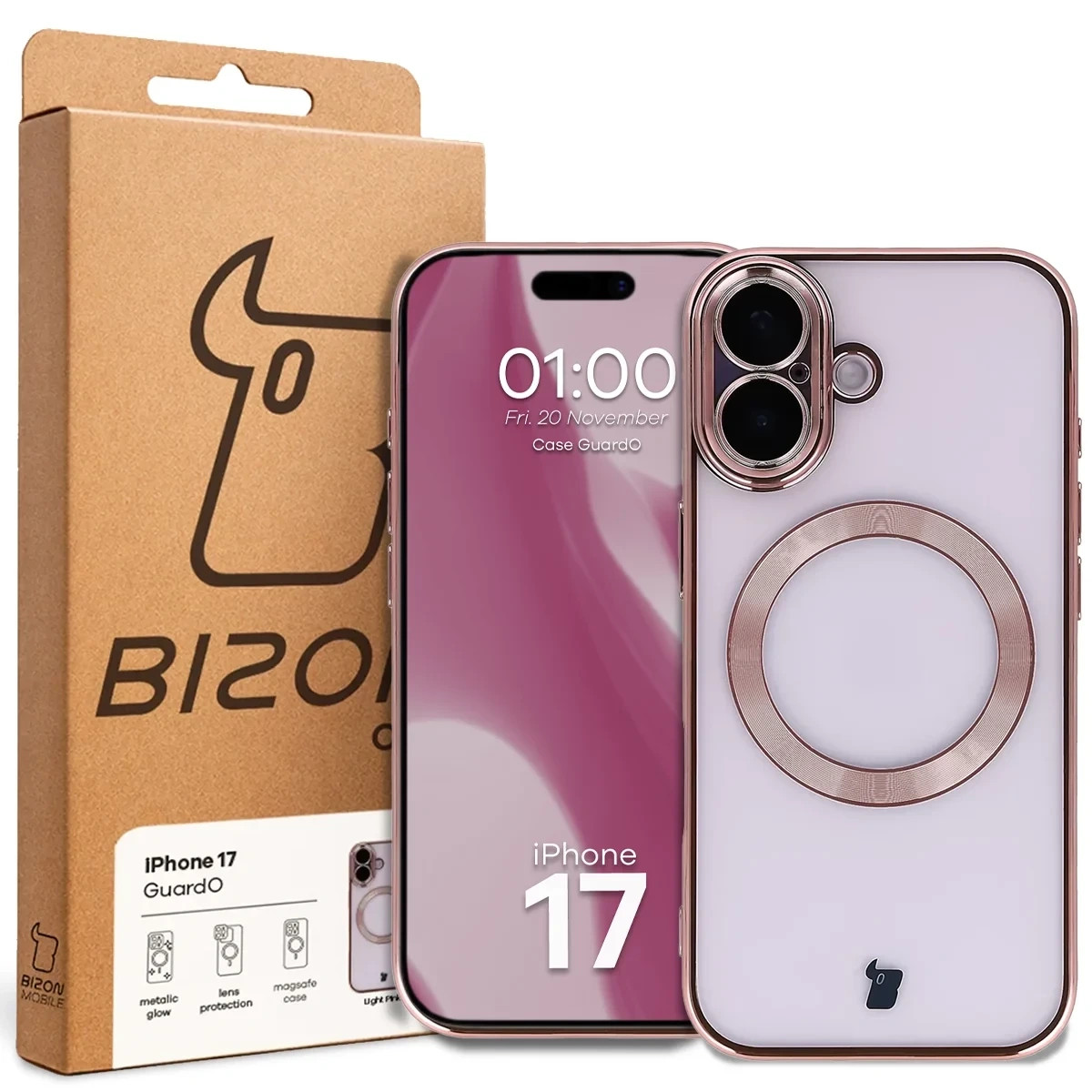 Etui z ochroną aparatu i pierścieniem magnetycznym Bizon Case GuardO do Apple iPhone 17, przezroczysto-różowe