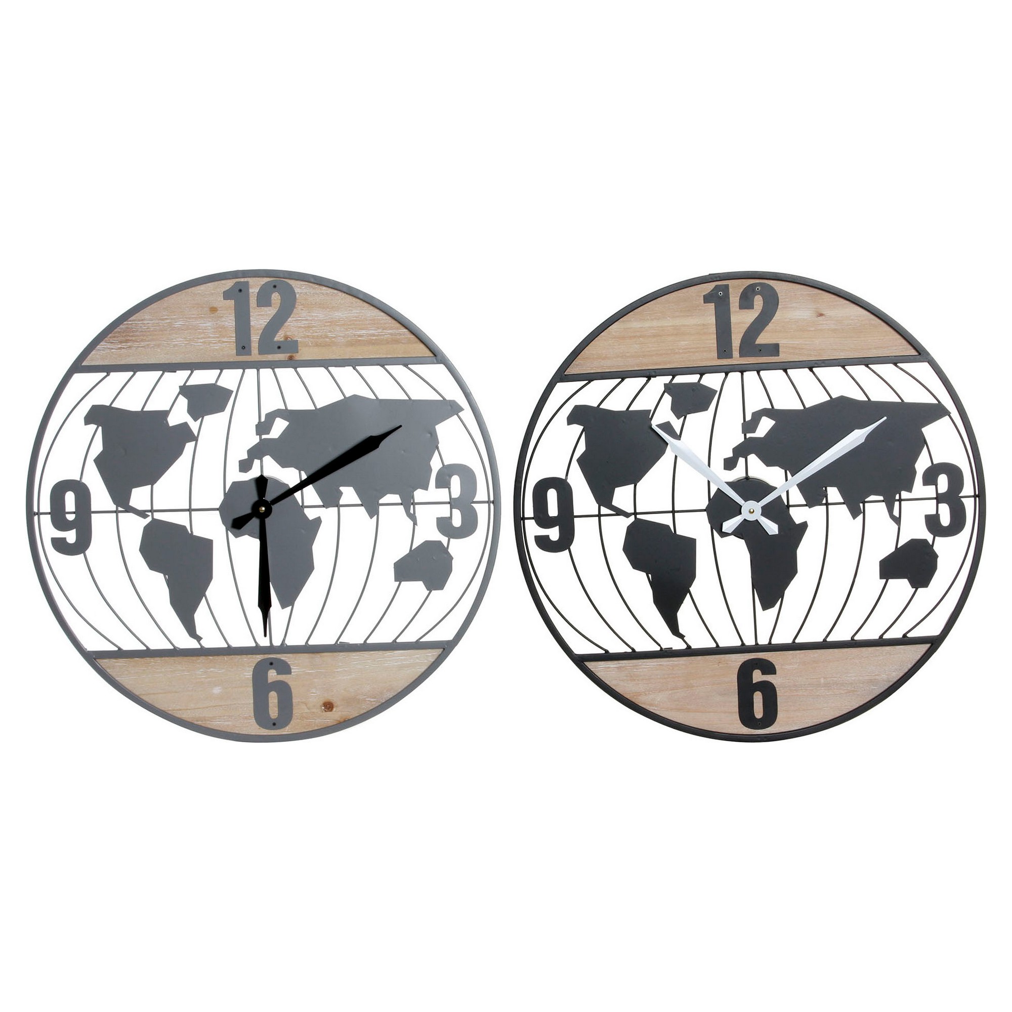 Zegar Ścienny DKD Home Decor Czarny Szary Żelazo 60 x 4,5 x 60 cm Drewno MDF Mapa Świata (2 Sztuk)