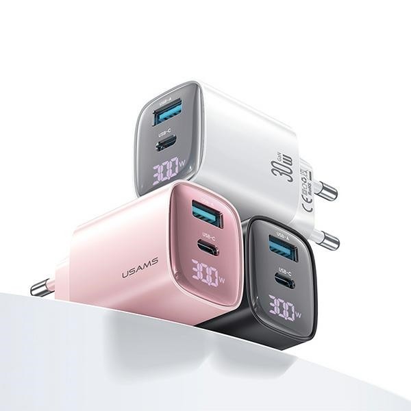 USAMS CC229 wall charger USB-A, USB-C 30W GaN Fast Charging XC Series black