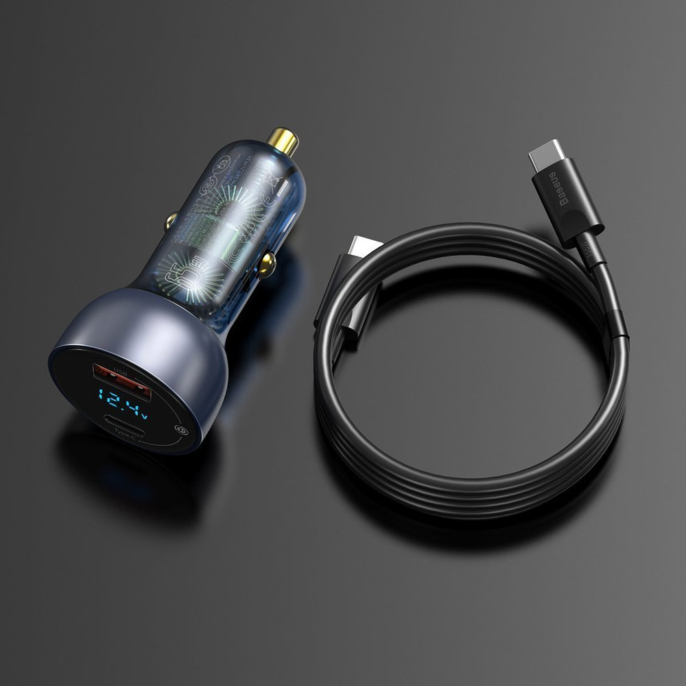 Baseus Car Charger USB/USB-C 65W 5A SCP QC 4.0+ PD 3.0 LCD display + USB-C/USB-C cable gray