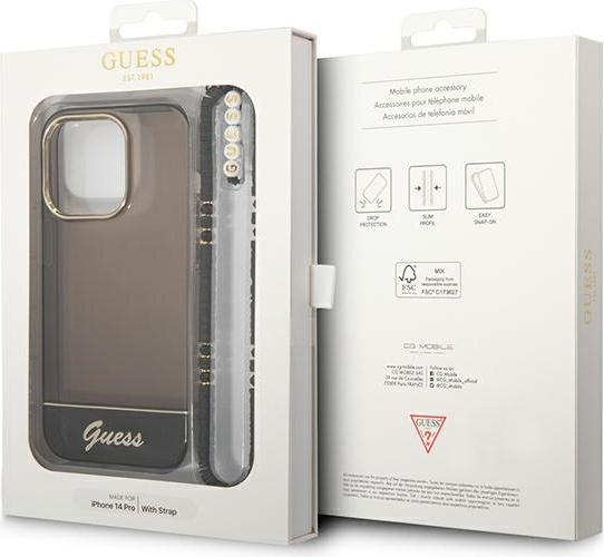 Guess GUHCP14LHGCOHK Apple iPhone 14 Pro black hardcase Translucent Pearl Strap