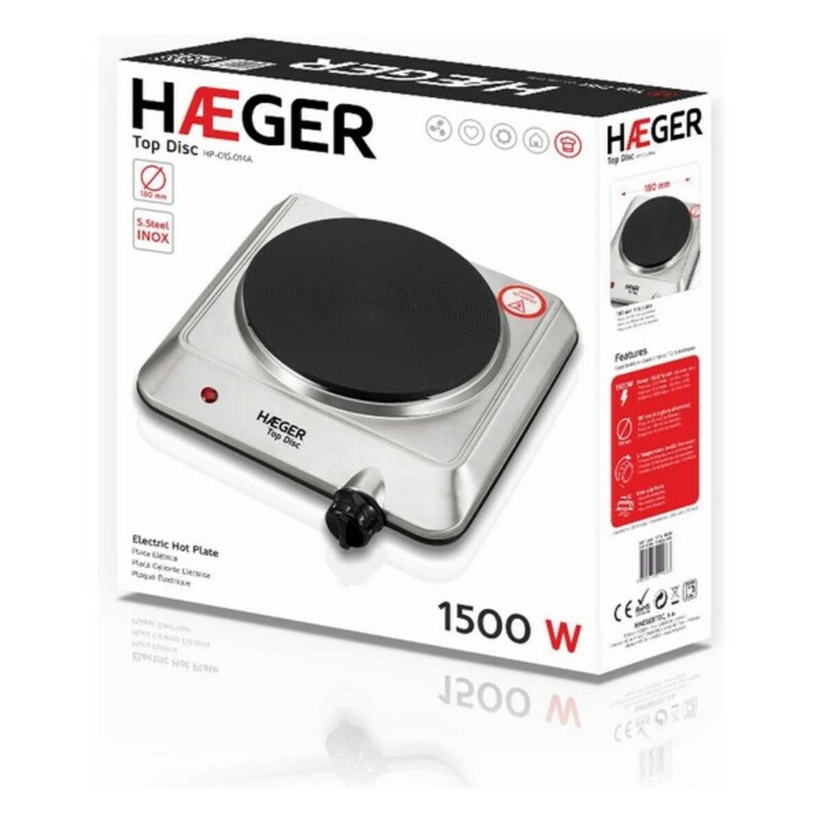 Electric Hot Plate Haeger Top Disc Stainless steel 1 Stove 1500W