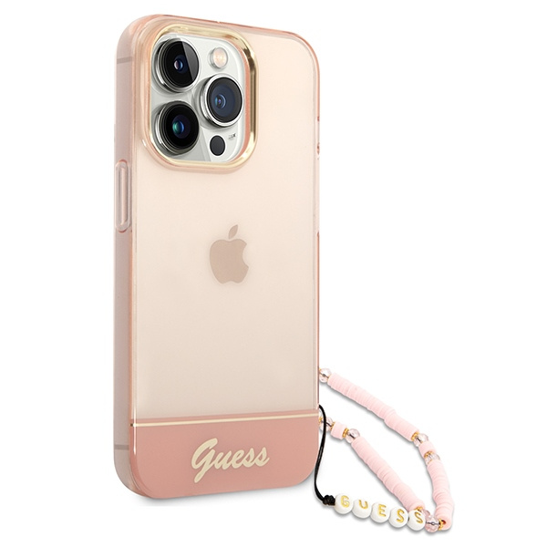 Guess GUHCP14LHGCOHP Apple iPhone 14 Pro pink hardcase Translucent Pearl Strap