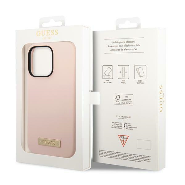 Guess GUHMP14XSBPLP Apple iPhone 14 Pro Max pink hard case Silicone Logo Plate MagSafe
