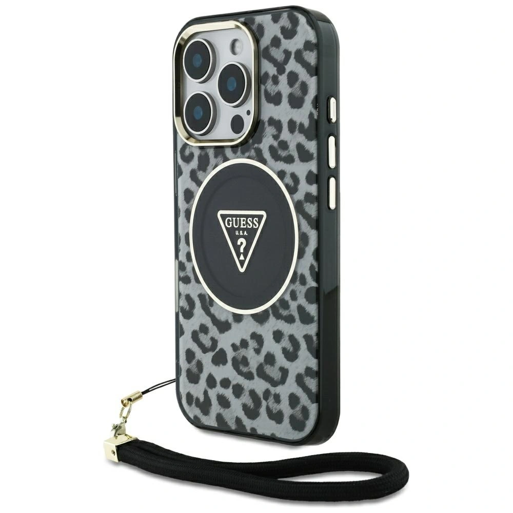 Guess HC IML Leopard Triangle Cord Strap do Apple iPhone 16 Pro Max MagSafe black