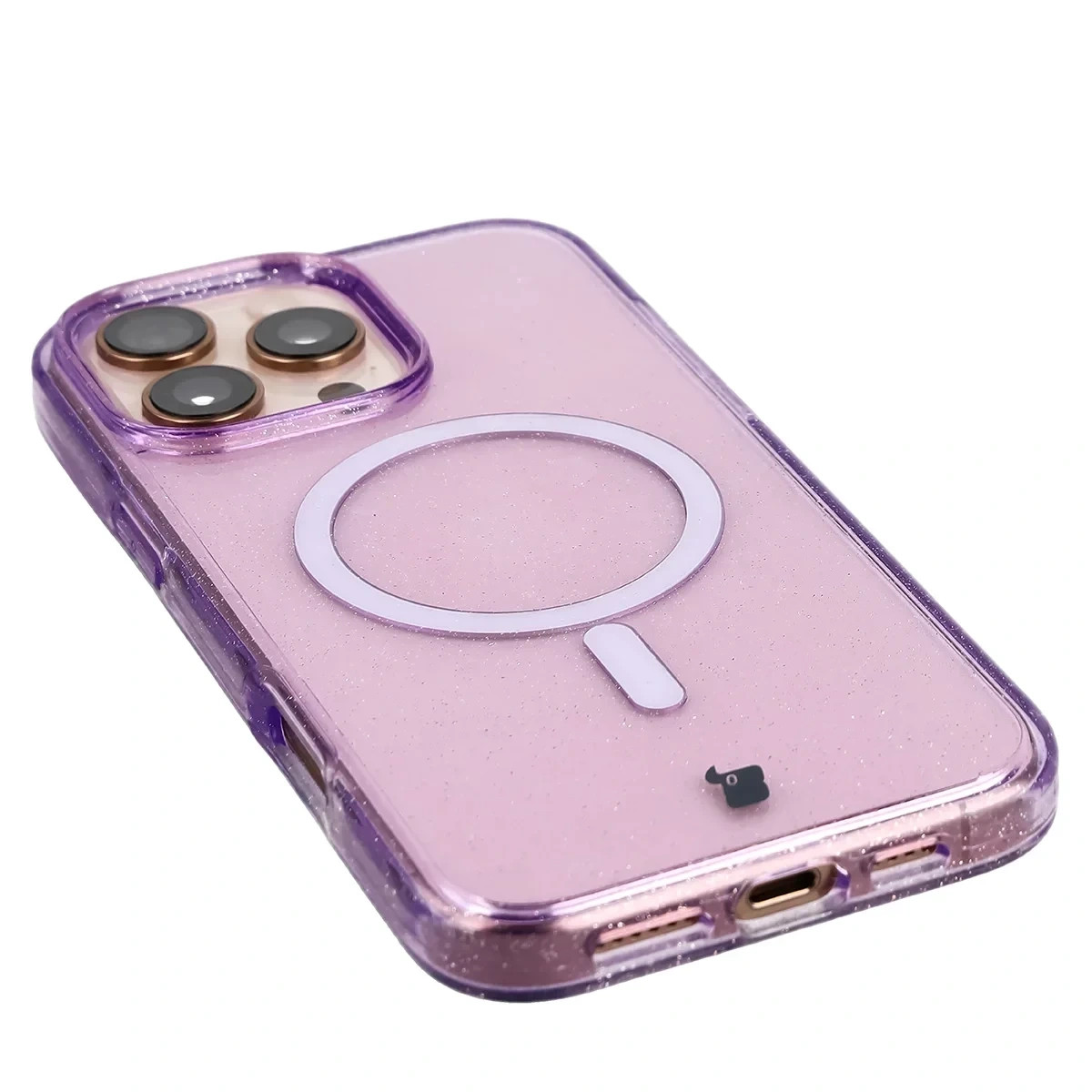 Etui brokatowe z pierścieniem magnetycznym Bizon Case SparklO do Apple iPhone 16 Pro Max, przezroczysto-fioletowe z brokatem