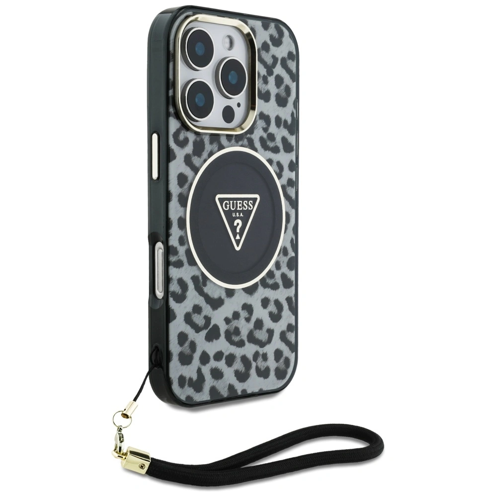 Guess HC IML Leopard Triangle Cord Strap do Apple iPhone 16 Pro Max MagSafe black