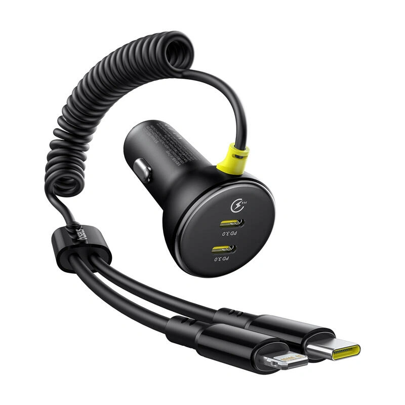 Baseus 60W 2xUSB-C car charger + built-in USB-C, Lightning cable (Black)