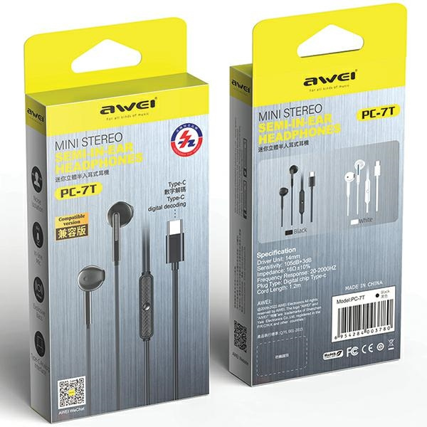 AWEI PC-7T USB-C 1.2m wired in-ear headphones black