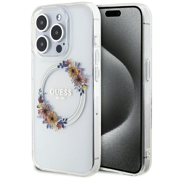 Guess GUHMP15XHFWFCT Apple iPhone 15 Pro Max hardcase IML Flowers Wreatch MagSafe transparent