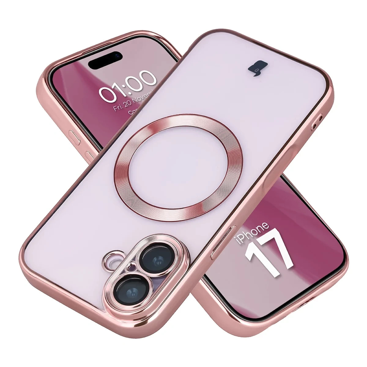 Etui z ochroną aparatu i pierścieniem magnetycznym Bizon Case GuardO do Apple iPhone 17, przezroczysto-różowe
