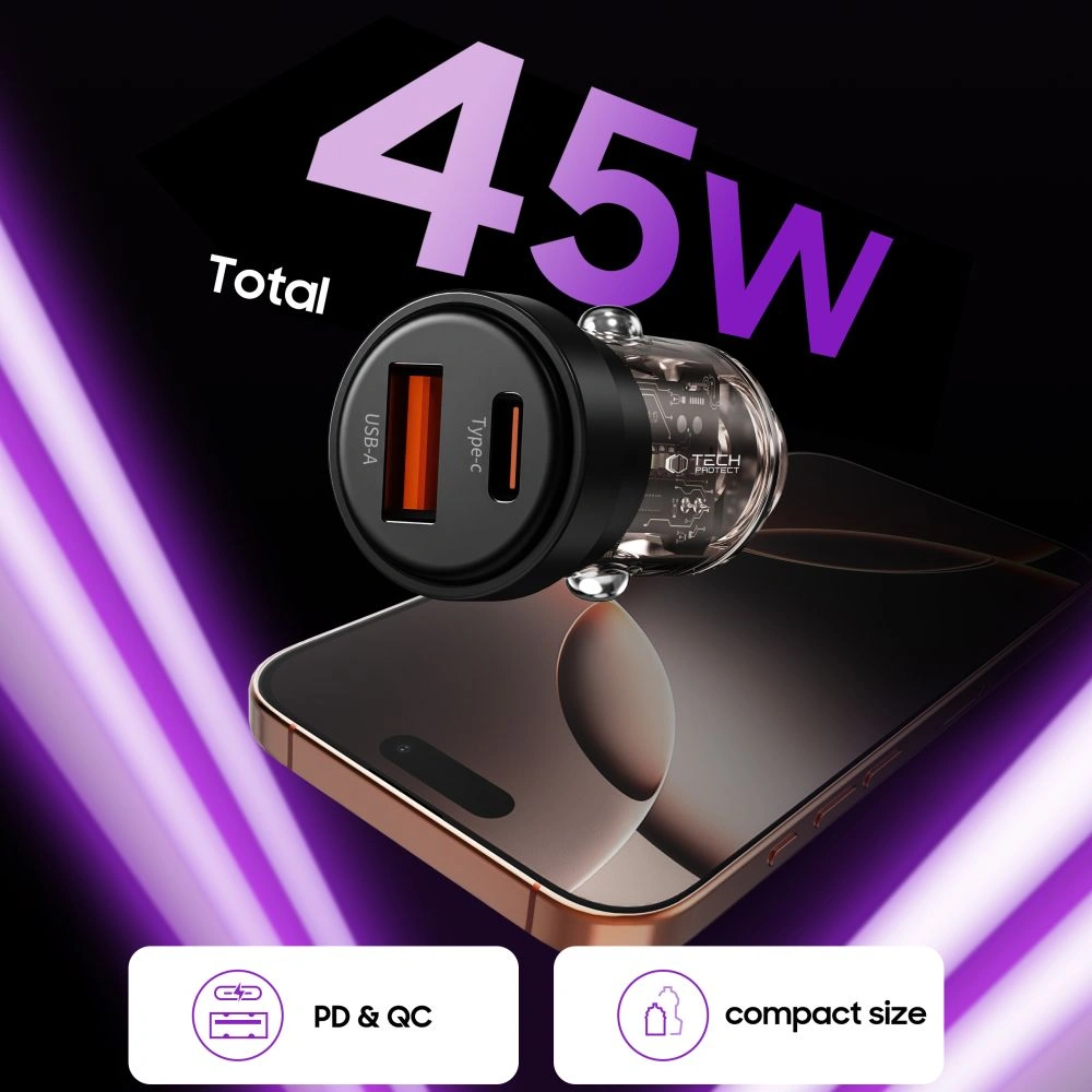 Tech-Protect CC03 2-port Car Charger USB-A, USB-C PD 45W / QC 3.0 Black