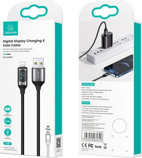 USAMS Nylon Cable U78 Lightning 1.2m LED 2.4A Fast Charging silver black SJ543USB02 (US-SJ543)