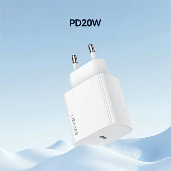 USAMS T65 US-CC226 wall charger USB-C PD 20W Fast Charging + USB-C / Lightning cable 30W white