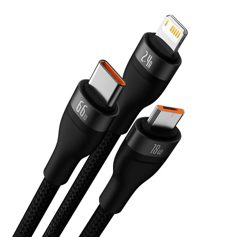Baseus Flash II 3in 1 Cable, USB-USB-C/microUSB/Lightning, 66W, 1.2m (black)