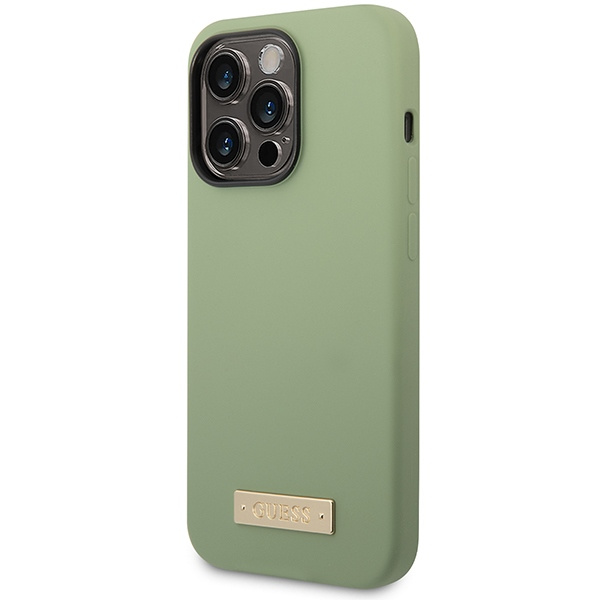 Guess GUHMP14XSBPLA Apple iPhone 14 Pro Max khaki hard case Silicone Logo Plate MagSafe