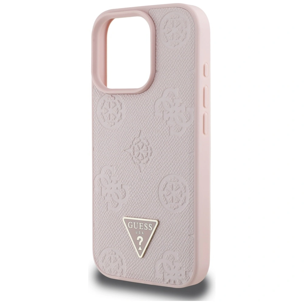 Etui Guess Grained Hot Stamp Peony Triangle Logo MagSafe do Apple iPhone 16 Pro różowy