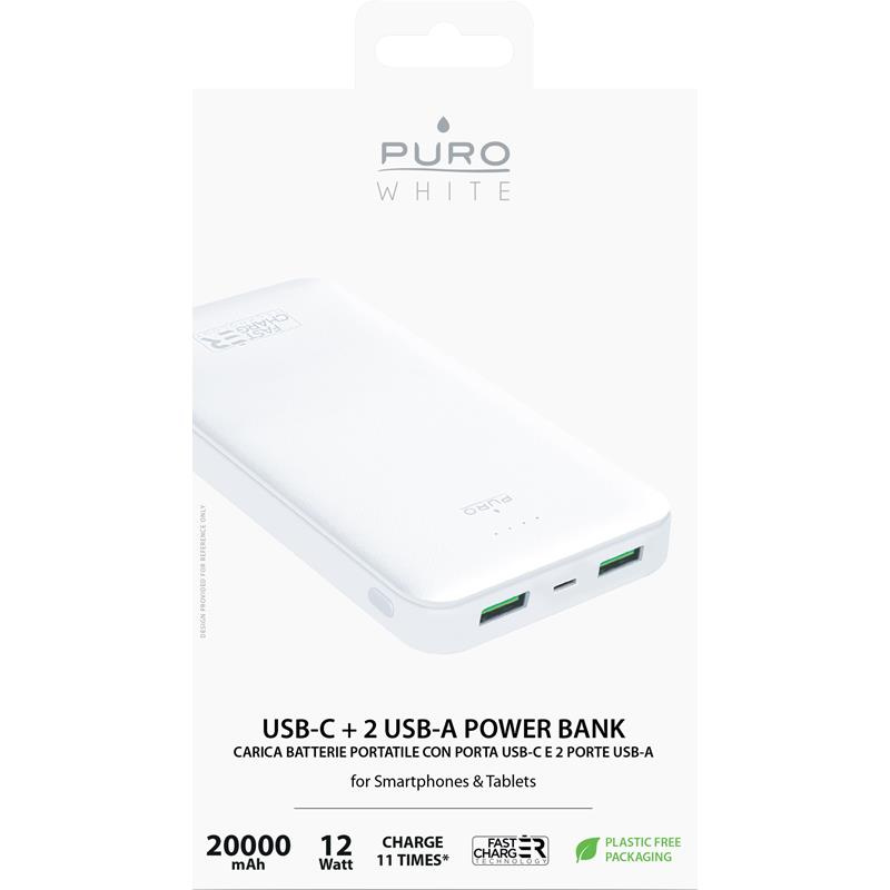 PURO White Fast Charger Power Bank 20000 mAh, 2xUSB-A + 1xUSB-C (white)