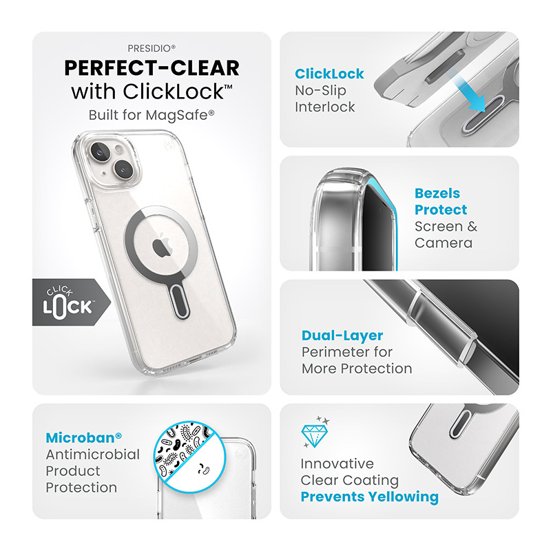 Speck Presidio Perfect-Clear ClickLock MagSafe Apple iPhone 15 Plus (Clear/Chrome Finish/Serene Silver)