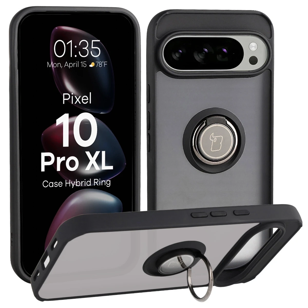 Etui z uchwytem na palec Bizon Case Hybrid Ring do Google Pixel 10 Pro XL przydymione z czarną ramką