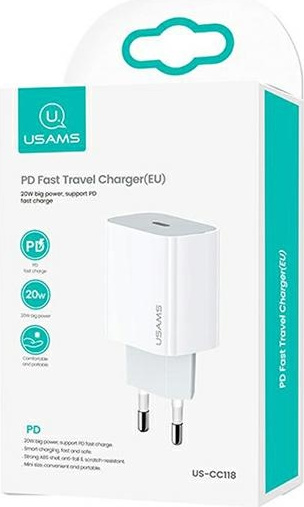 USAMS Wall Charger 1xUSB-C T34 20W 5V-3A PD3.0 Fast Charging white CC118TC01 (US-CC118)