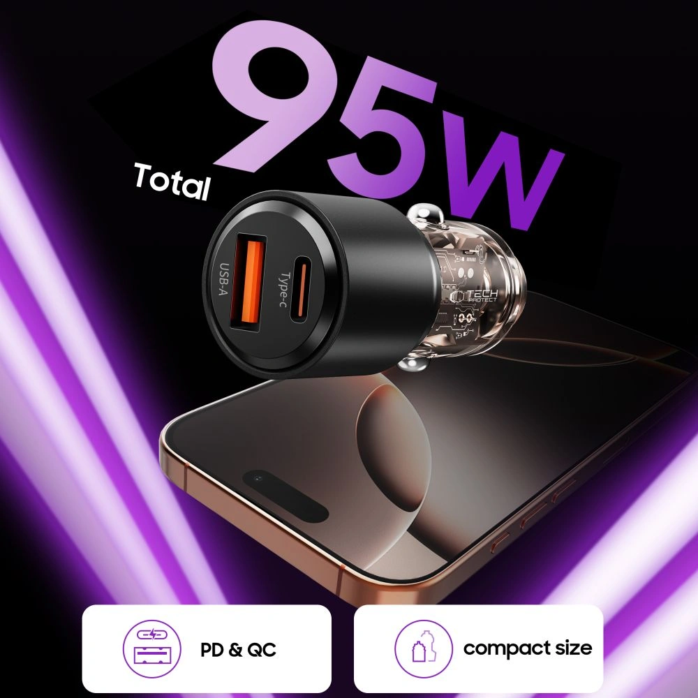 Tech-Protect CC03 2-port Car Charger USB-A, USB-C PD 95W / QC 3.0 Black