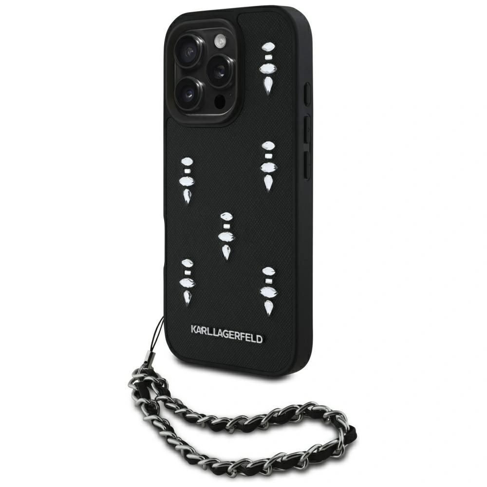 Etui Karl Lagerfeld Saffiano Crystals w/Chain do Apple iPhone 16 Pro czarny