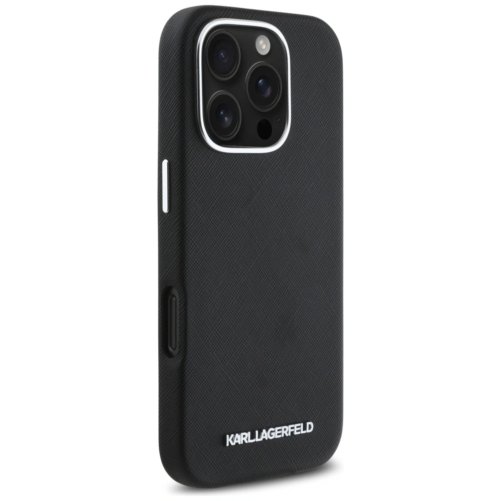 Karl Lagerfeld Saffiano Full Wrapped Elongated Metal Logo MagSafe Apple iPhone 16 Pro Max black