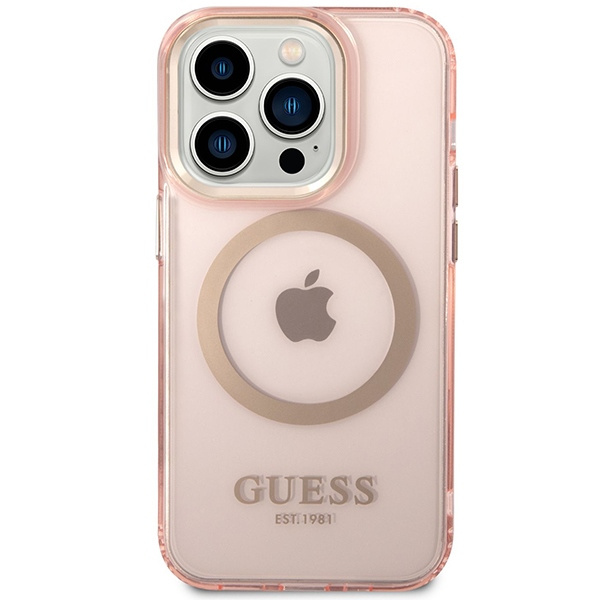 Guess GUHMP14XHTCMP Apple iPhone 14 Pro Max pink hard case Gold Outline Translucent MagSafe