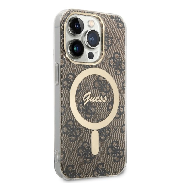 Guess GUBPP14LH4EACSW Case + Wireless Charger Apple iPhone 14 Pro brown hard case 4G Print MagSafe