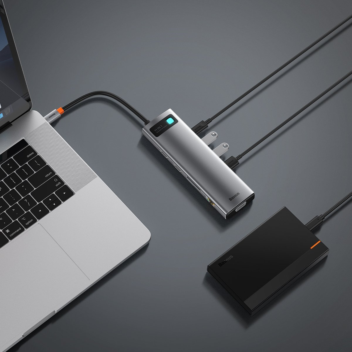 Hub 11in1 Baseus Metal Gleam Series, USB-C to 3x USB 3.0 + 2x HDMI + USB-C PD + Ethernet RJ45 + microSD/SD + VGA + AUX